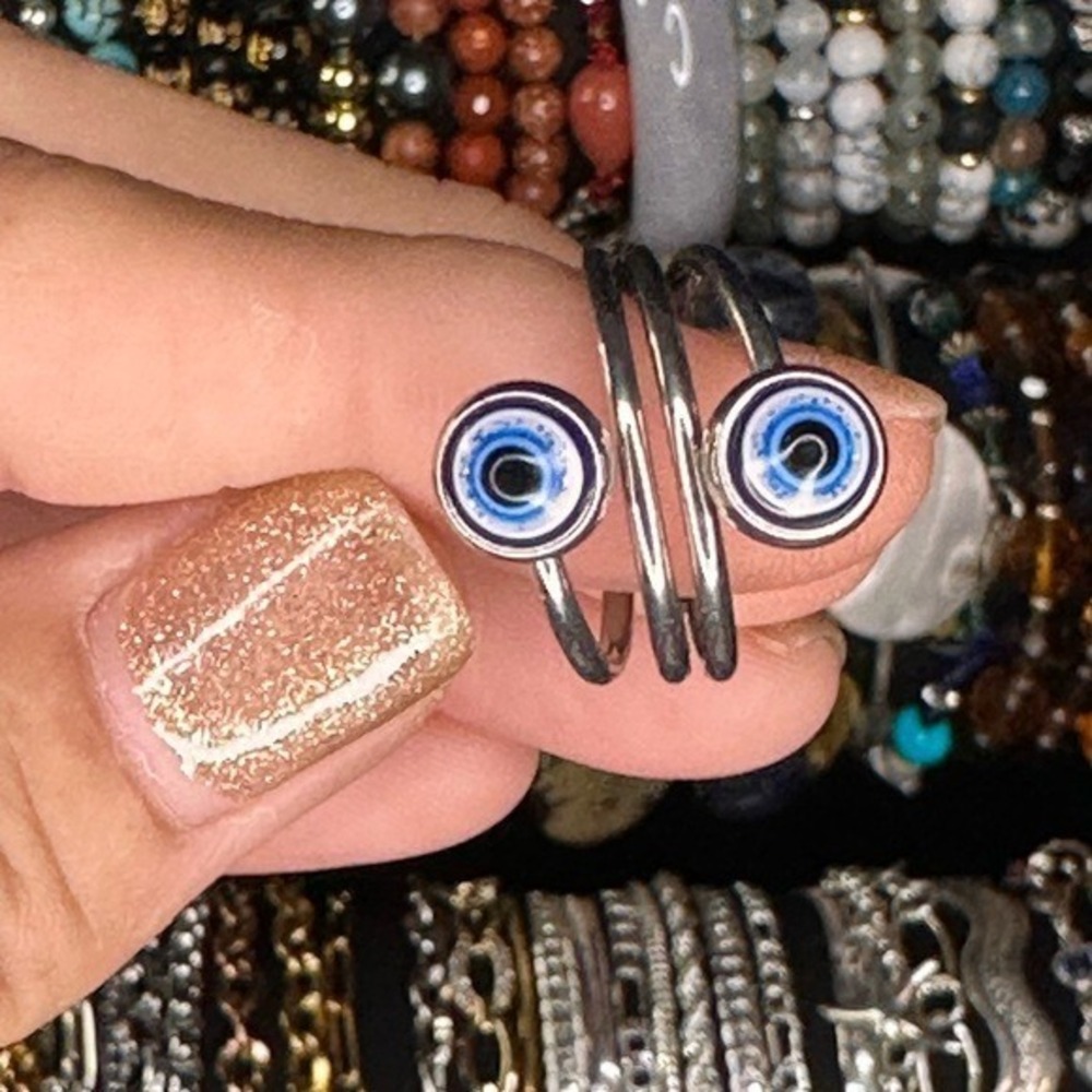 Evil Eye Blue Stainless Steel Open Silver Tone Boho Ring